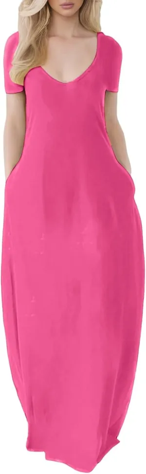 Womens Summer Dresses Trendy Bohemian Soild V Neck Short Sleeve Bucket Long T Shirt Dress Beach Cowgirl Outfits