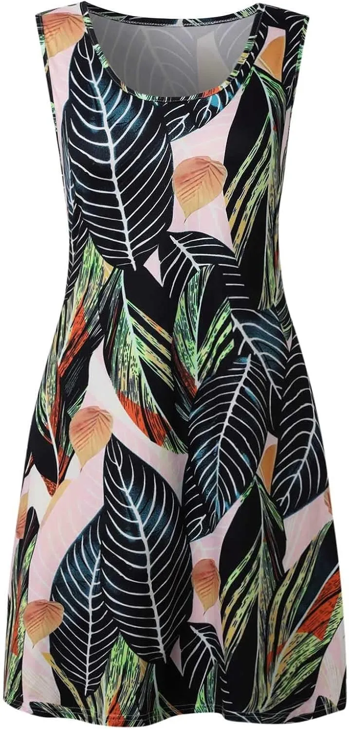 Womens Summer Floral Boho Tank Dresses U Neck Sleeveless Casual Loose Sundresses Beach Vacation Swimsuit Coverup