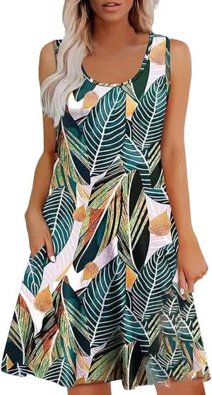 Womens Summer Floral Boho Tank Dresses U Neck Sleeveless Casual Loose Sundresses Beach Vacation Swimsuit Coverup