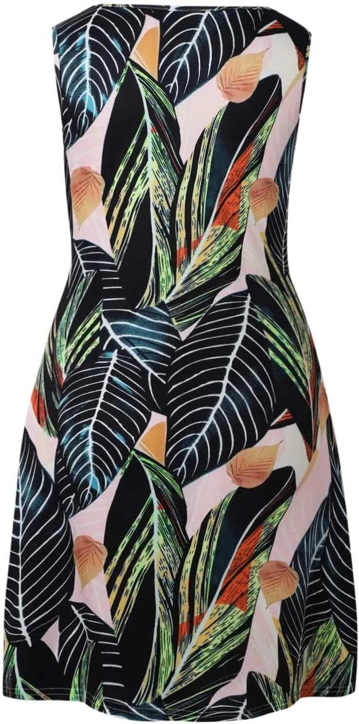 Womens Summer Floral Boho Tank Dresses U Neck Sleeveless Casual Loose Sundresses Beach Vacation Swimsuit Coverup