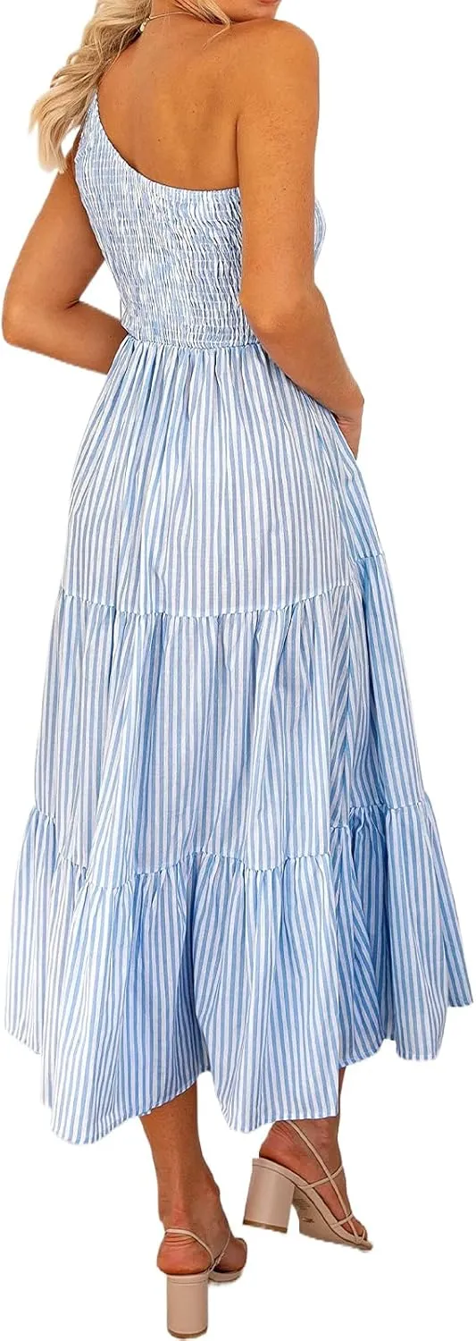 Womens Summer Floral Maxi Dress Boho One Shoulder Sleeveless Smocked Ruffle Tiered Dress Dressy Beach Wedding Guest Dresses