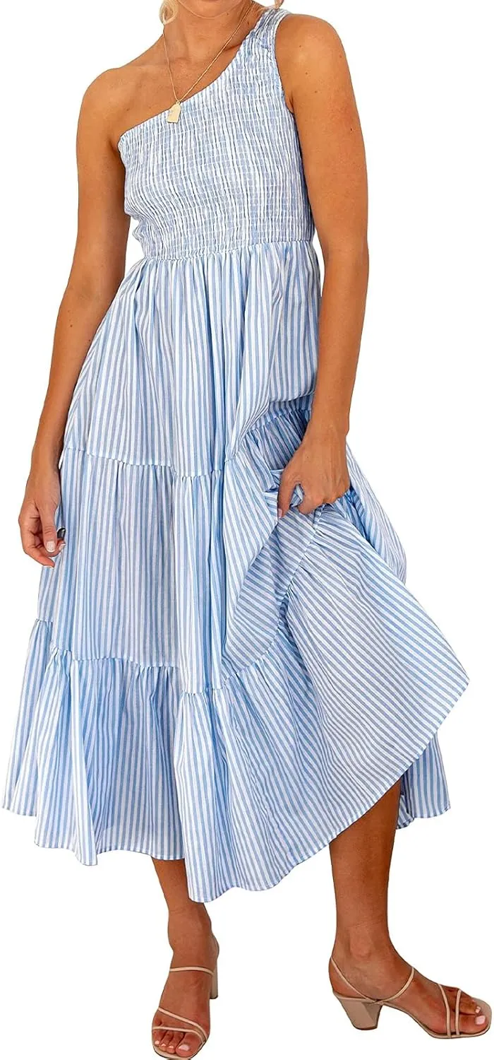 Womens Summer Floral Maxi Dress Boho One Shoulder Sleeveless Smocked Ruffle Tiered Dress Dressy Beach Wedding Guest Dresses
