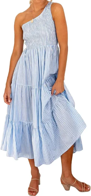 Womens Summer Floral Maxi Dress Boho One Shoulder Sleeveless Smocked Ruffle Tiered Dress Dressy Beach Wedding Guest Dresses