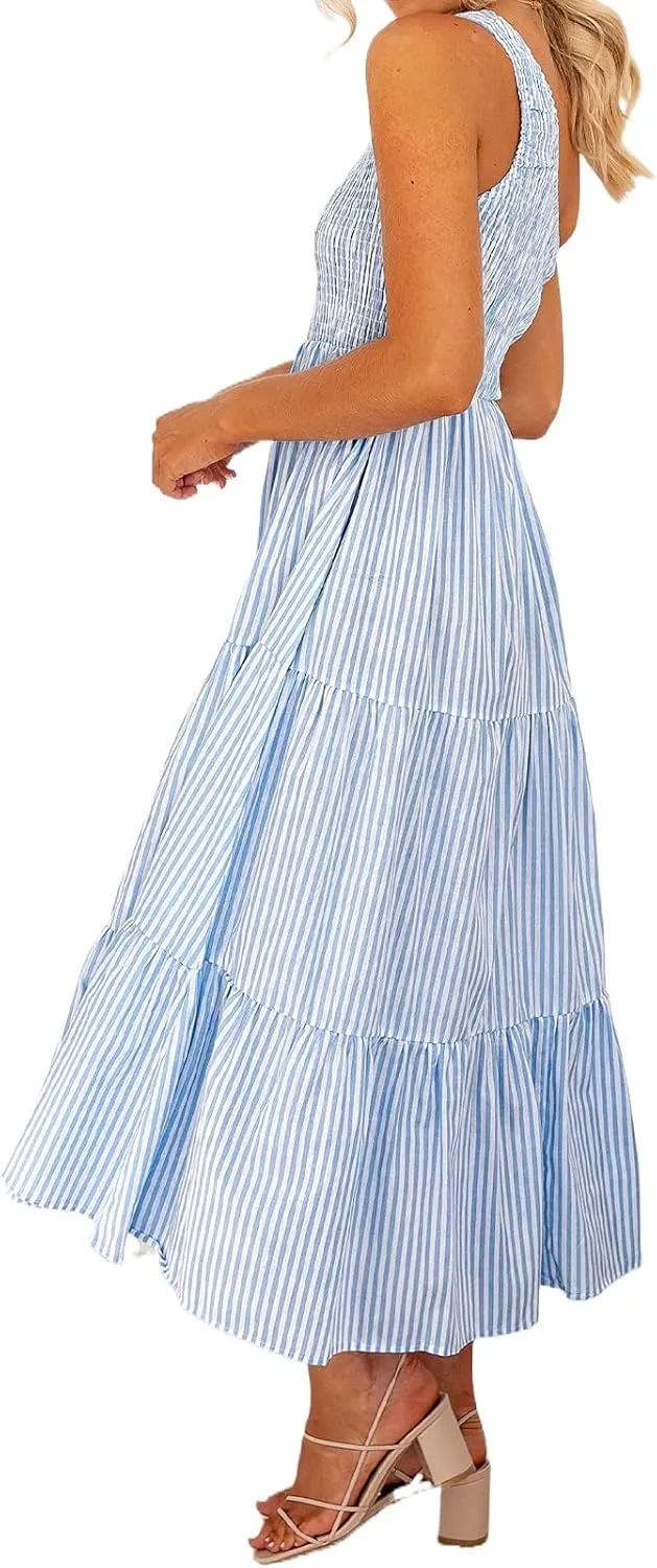 Womens Summer Floral Maxi Dress Boho One Shoulder Sleeveless Smocked Ruffle Tiered Dress Dressy Beach Wedding Guest Dresses