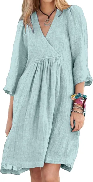 Womens Summer Linen Dress V Neck A Line Half Sleeve Dresses Casual Classic Comfort Midi Dress Loose Beach Dresses