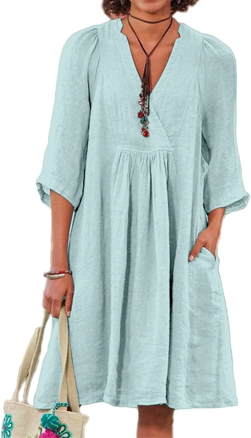 Womens Summer Linen Dress V Neck A Line Half Sleeve Dresses Casual Classic Comfort Midi Dress Loose Beach Dresses