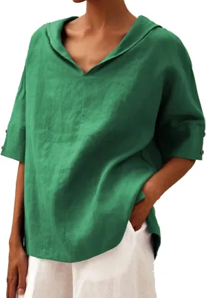 Women's Summer Linen Shirt Breathable Tops with Hoodie V Neck Half Sleeve Tshirt Casual Beach Tunic Vacation Blouse