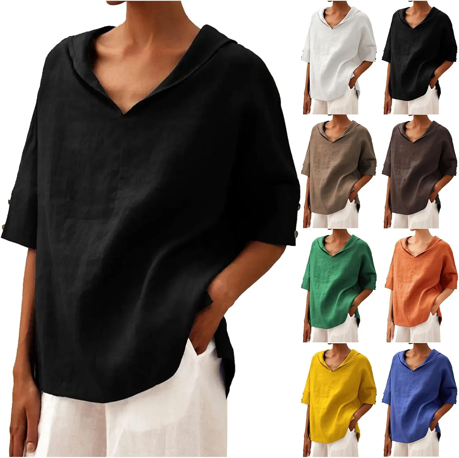 Women's Summer Linen Shirt Breathable Tops with Hoodie V Neck Half Sleeve Tshirt Casual Beach Tunic Vacation Blouse