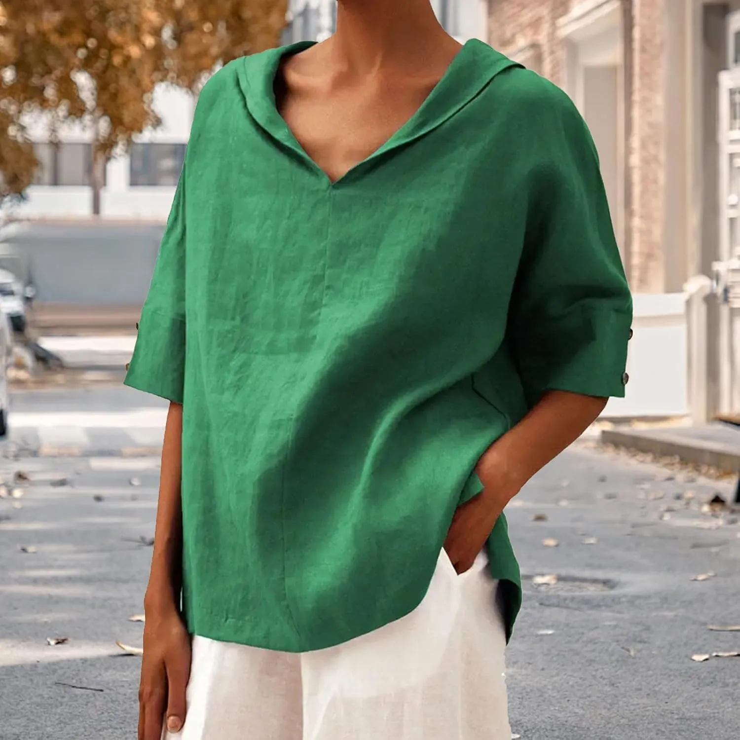 Women's Summer Linen Shirt Breathable Tops with Hoodie V Neck Half Sleeve Tshirt Casual Beach Tunic Vacation Blouse
