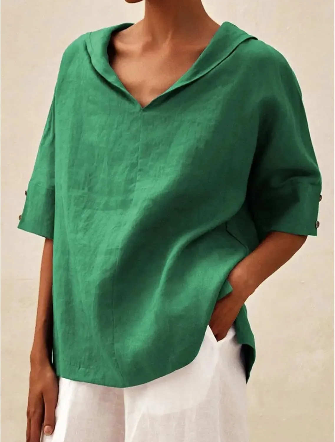 Women's Summer Linen Shirt Breathable Tops with Hoodie V Neck Half Sleeve Tshirt Casual Beach Tunic Vacation Blouse
