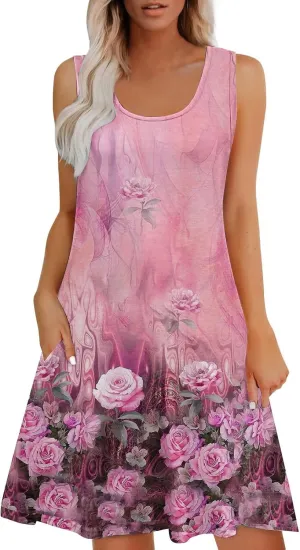 Women's Summer Maxi Dress 2025 Floral Graphic Sleeveless Casual Loose Long Beach Sundress Travel Vacation Outfits