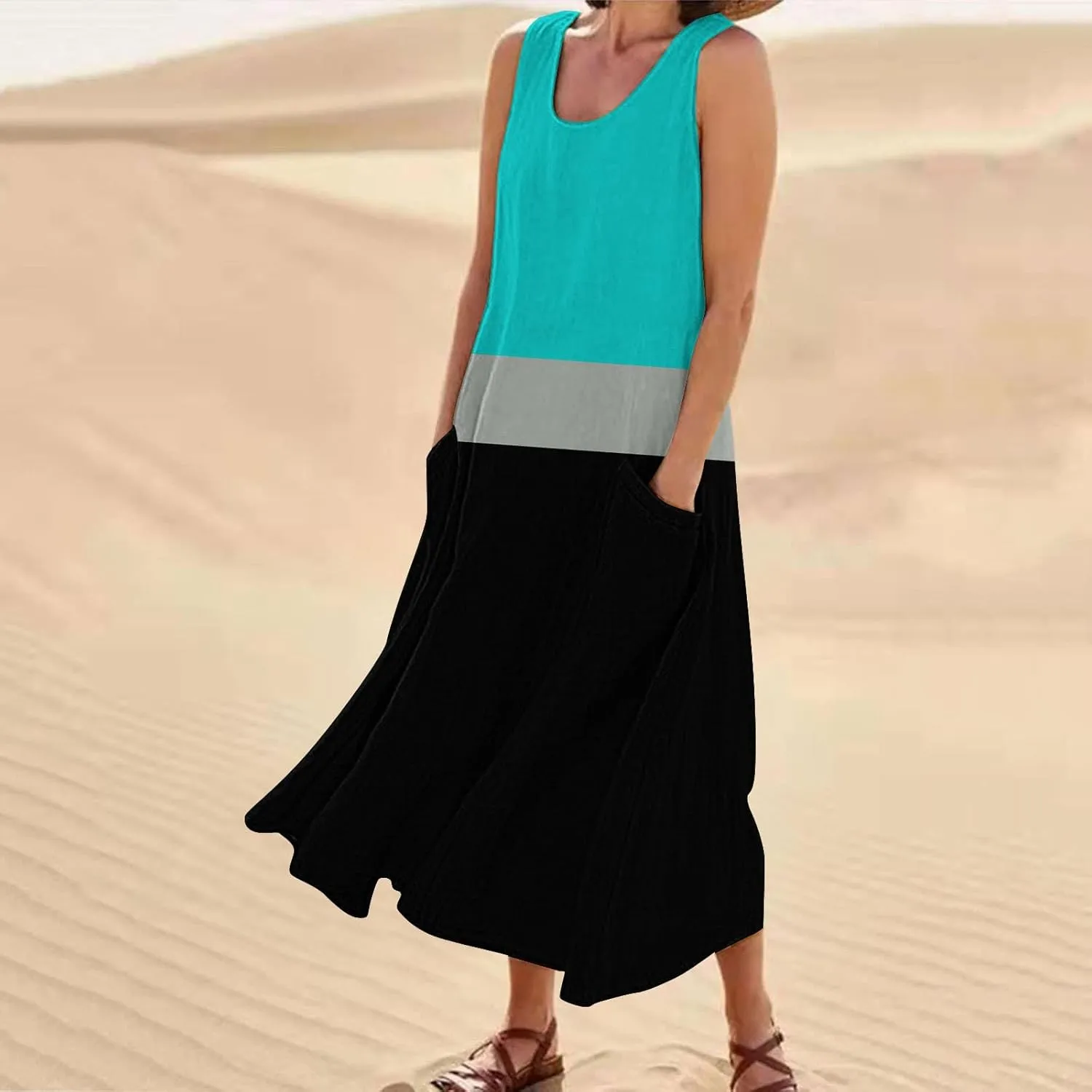 Women's Summer Maxi Dress 2025 Sleeveless Casual Loose Sundress 2025 Travel Vacation Beach Outfits with Pockets