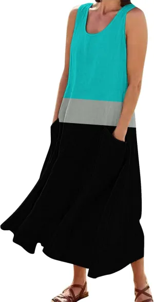 Women's Summer Maxi Dress 2025 Sleeveless Casual Loose Sundress 2025 Travel Vacation Beach Outfits with Pockets