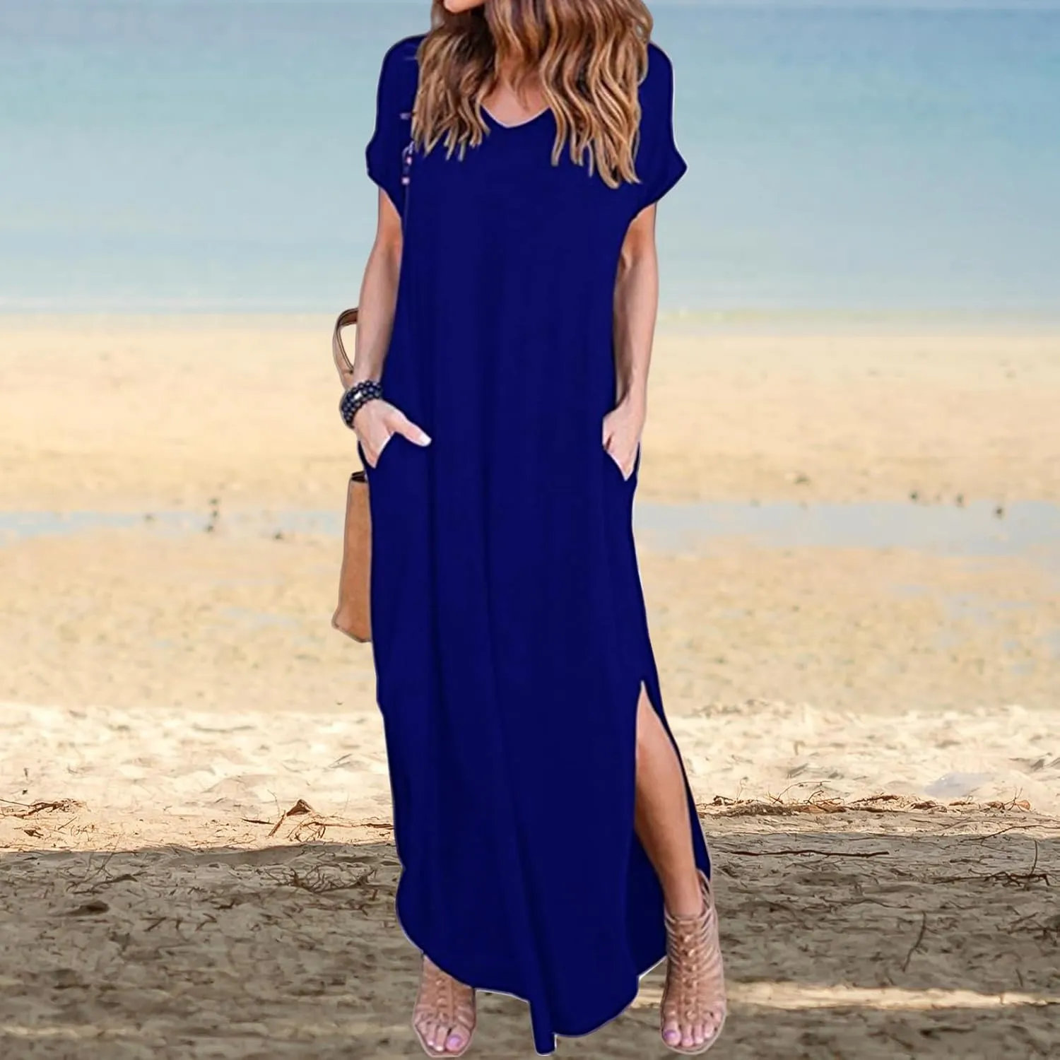 Women's Summer Maxi Dress Casual Loose Short Sleeve Slits Long Beach Dresses with Pockets