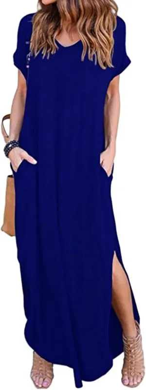 Women's Summer Maxi Dress Casual Loose Short Sleeve Slits Long Beach Dresses with Pockets