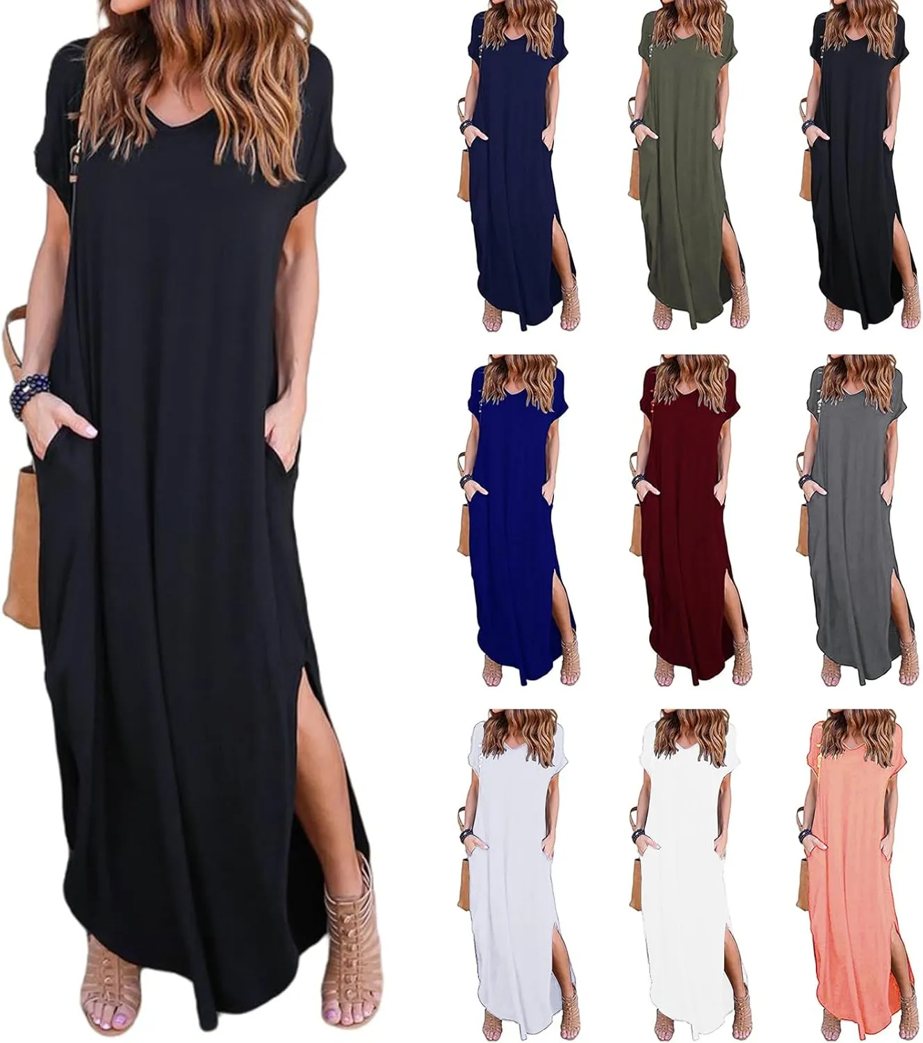 Women's Summer Maxi Dress Casual Loose Short Sleeve Slits Long Beach Dresses with Pockets