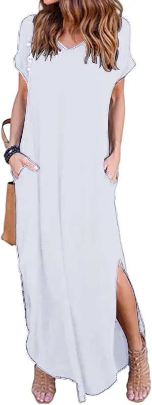 Women's Summer Maxi Dress Casual Loose Short Sleeve Slits Long Beach Dresses with Pockets