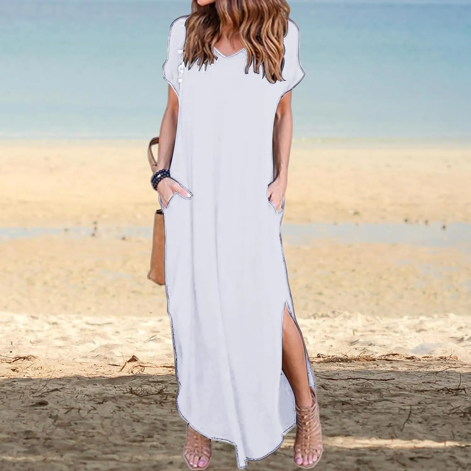 Women's Summer Maxi Dress Casual Loose Short Sleeve Slits Long Beach Dresses with Pockets