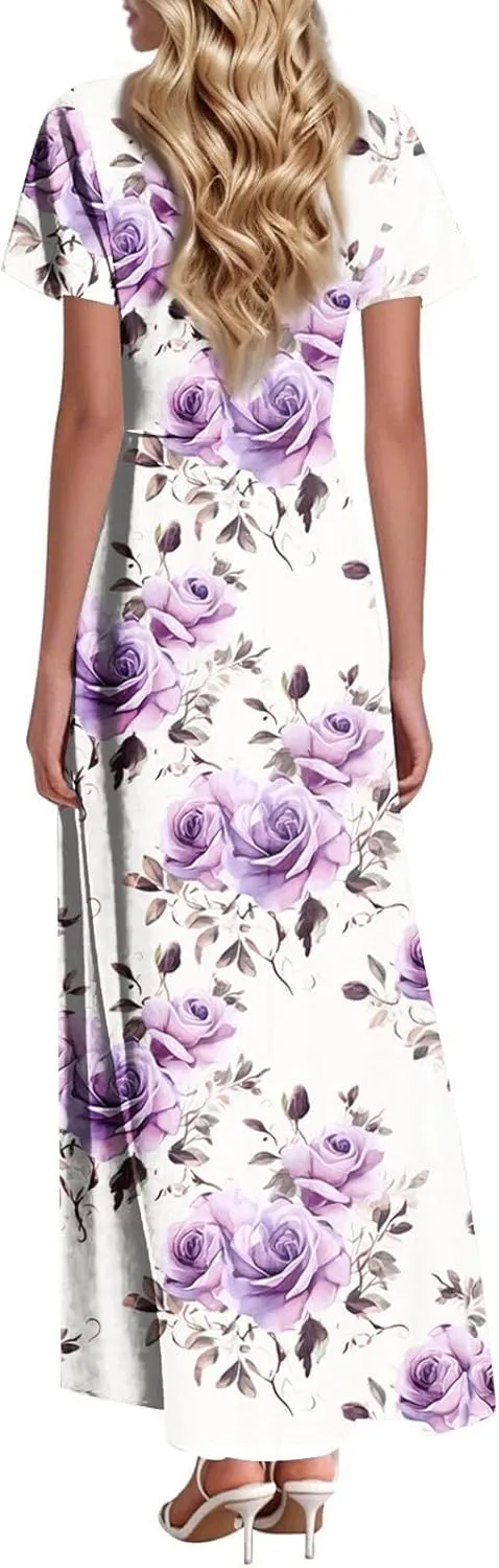 Womens Summer Maxi Dress Casual V Neck Boho Flowy Aline Butterfly Sleeve Beach Vacation High Waist Retro Dress