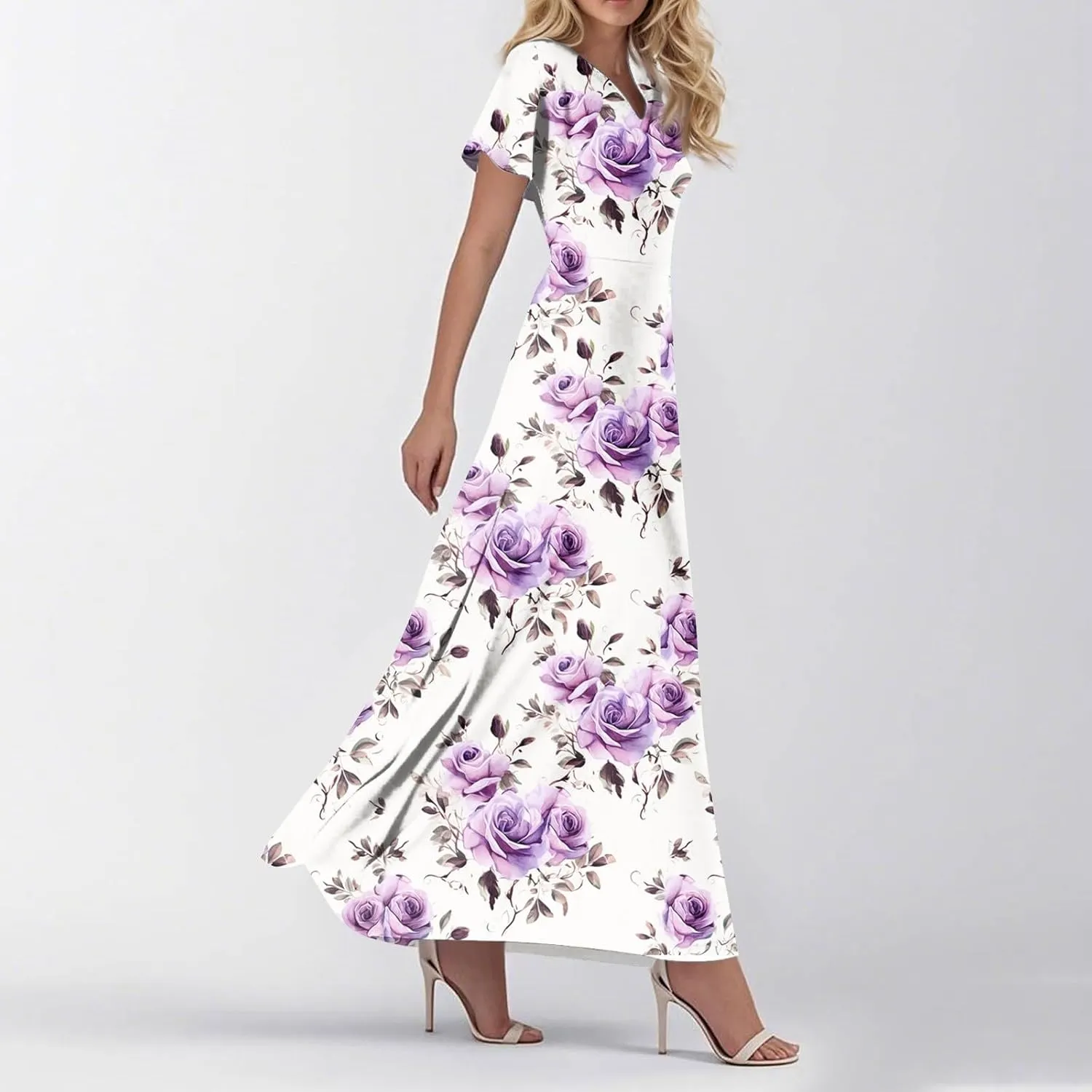 Womens Summer Maxi Dress Casual V Neck Boho Flowy Aline Butterfly Sleeve Beach Vacation High Waist Retro Dress