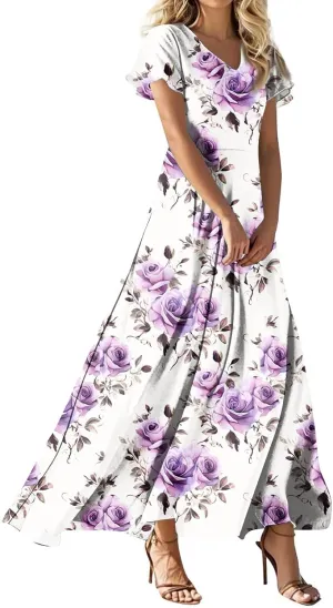 Womens Summer Maxi Dress Casual V Neck Boho Flowy Aline Butterfly Sleeve Beach Vacation High Waist Retro Dress