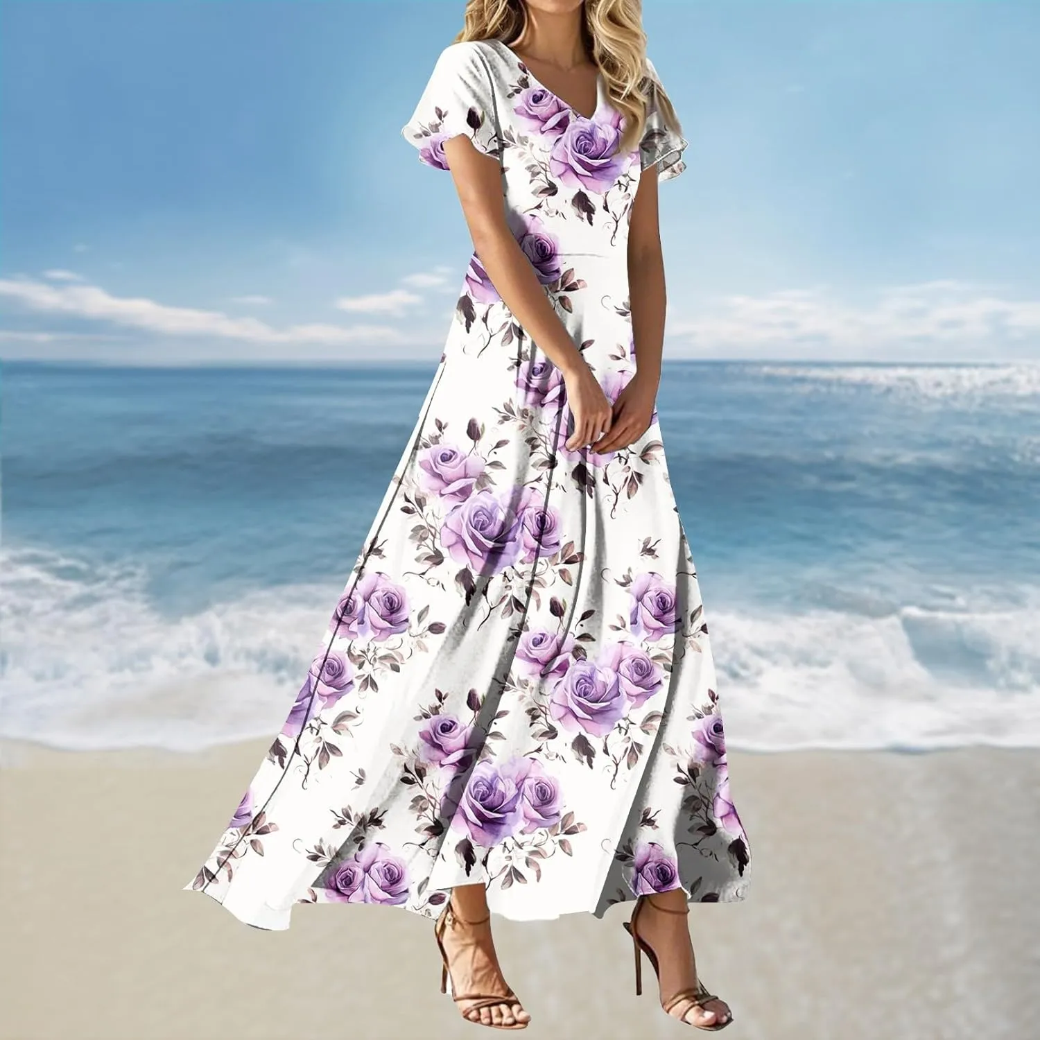 Womens Summer Maxi Dress Casual V Neck Boho Flowy Aline Butterfly Sleeve Beach Vacation High Waist Retro Dress