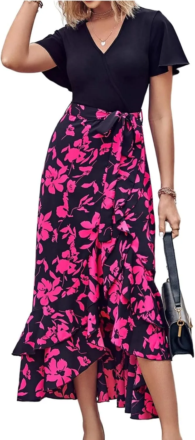 Womens Summer Maxi Dresses Short Sleeve Wrap V Neck Floral Belted Dress Modest Business Casual Ruffle Flowy Dress