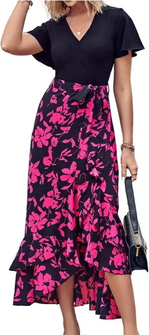 Womens Summer Maxi Dresses Short Sleeve Wrap V Neck Floral Belted Dress Modest Business Casual Ruffle Flowy Dress