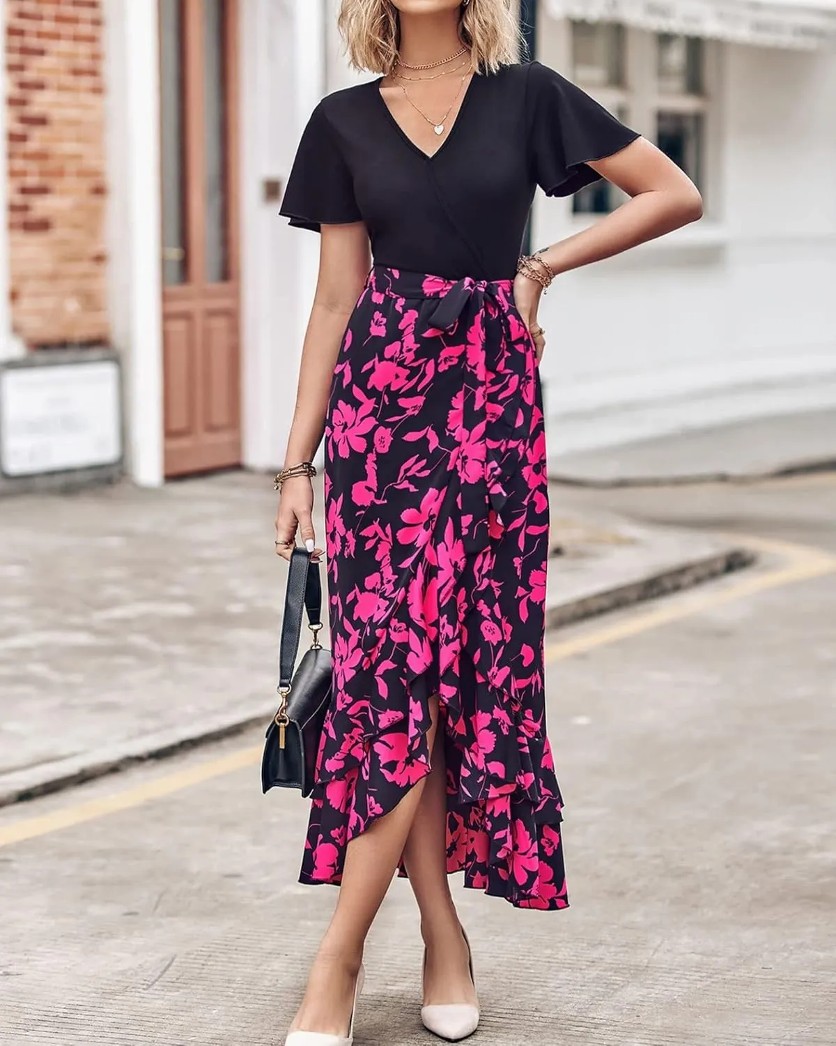 Womens Summer Maxi Dresses Short Sleeve Wrap V Neck Floral Belted Dress Modest Business Casual Ruffle Flowy Dress