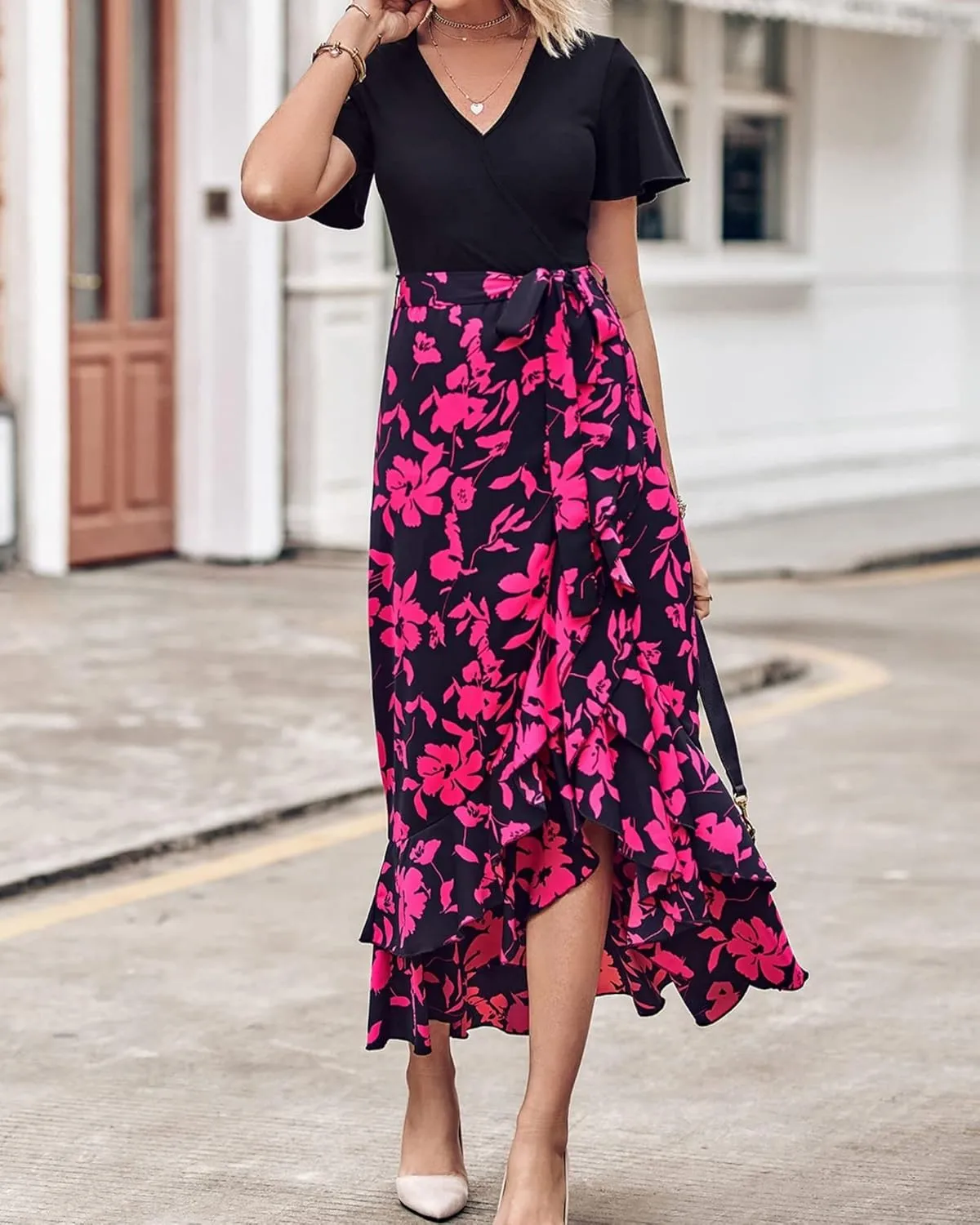 Womens Summer Maxi Dresses Short Sleeve Wrap V Neck Floral Belted Dress Modest Business Casual Ruffle Flowy Dress