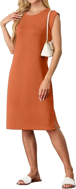 Womens Summer Midi Dress Sleeveless Crew Neck Loose Side Split Dress Casual Dressy Trendy T Shirt Dress with Pockets