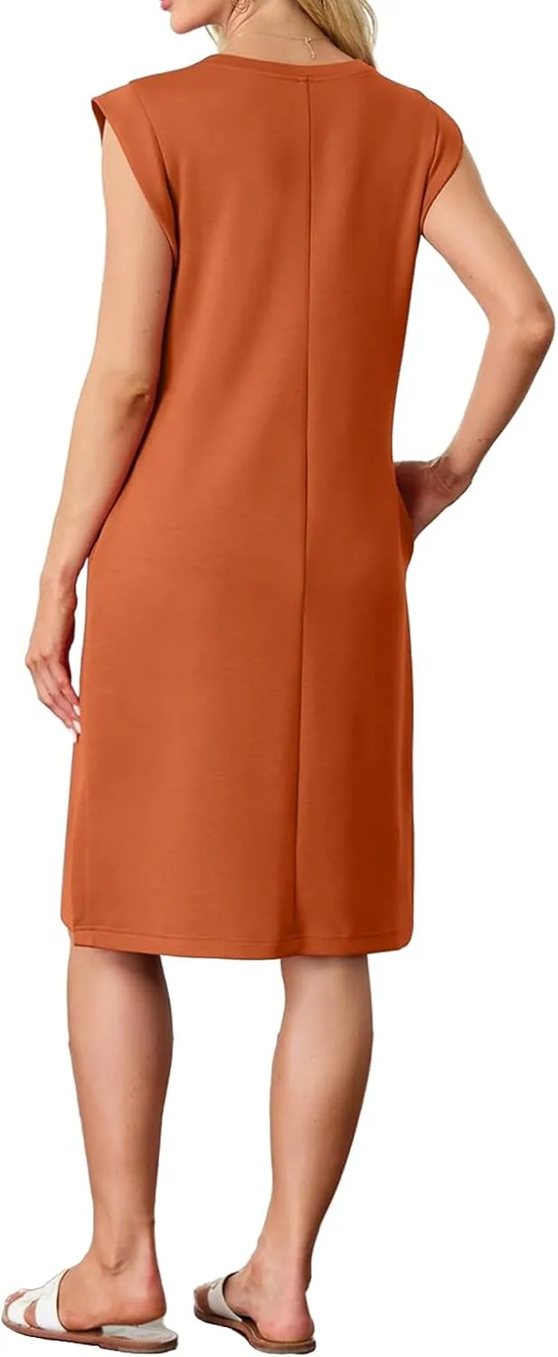 Womens Summer Midi Dress Sleeveless Crew Neck Loose Side Split Dress Casual Dressy Trendy T Shirt Dress with Pockets