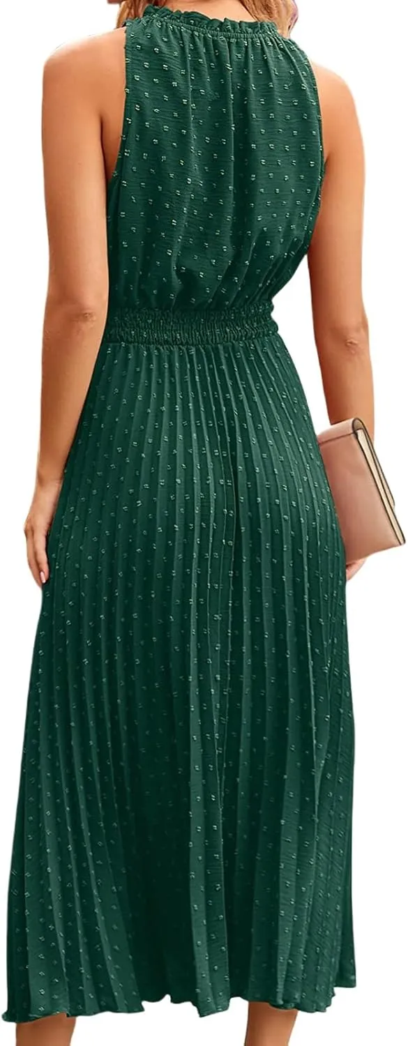 Womens Summer Midi Dresses Casual Swiss Dot Sleeveless Ruffle A Line Dress Dressy Flowy Swing Travel Beach Sundress