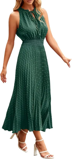Womens Summer Midi Dresses Casual Swiss Dot Sleeveless Ruffle A Line Dress Dressy Flowy Swing Travel Beach Sundress