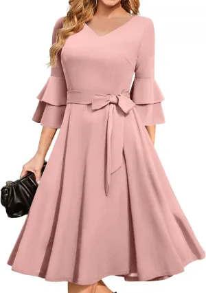Women's Summer Sexy Elegant Trendy V-Neck Short Sleeve Solid Color Prom Party Cocktail Midi Dresses, S-3XL