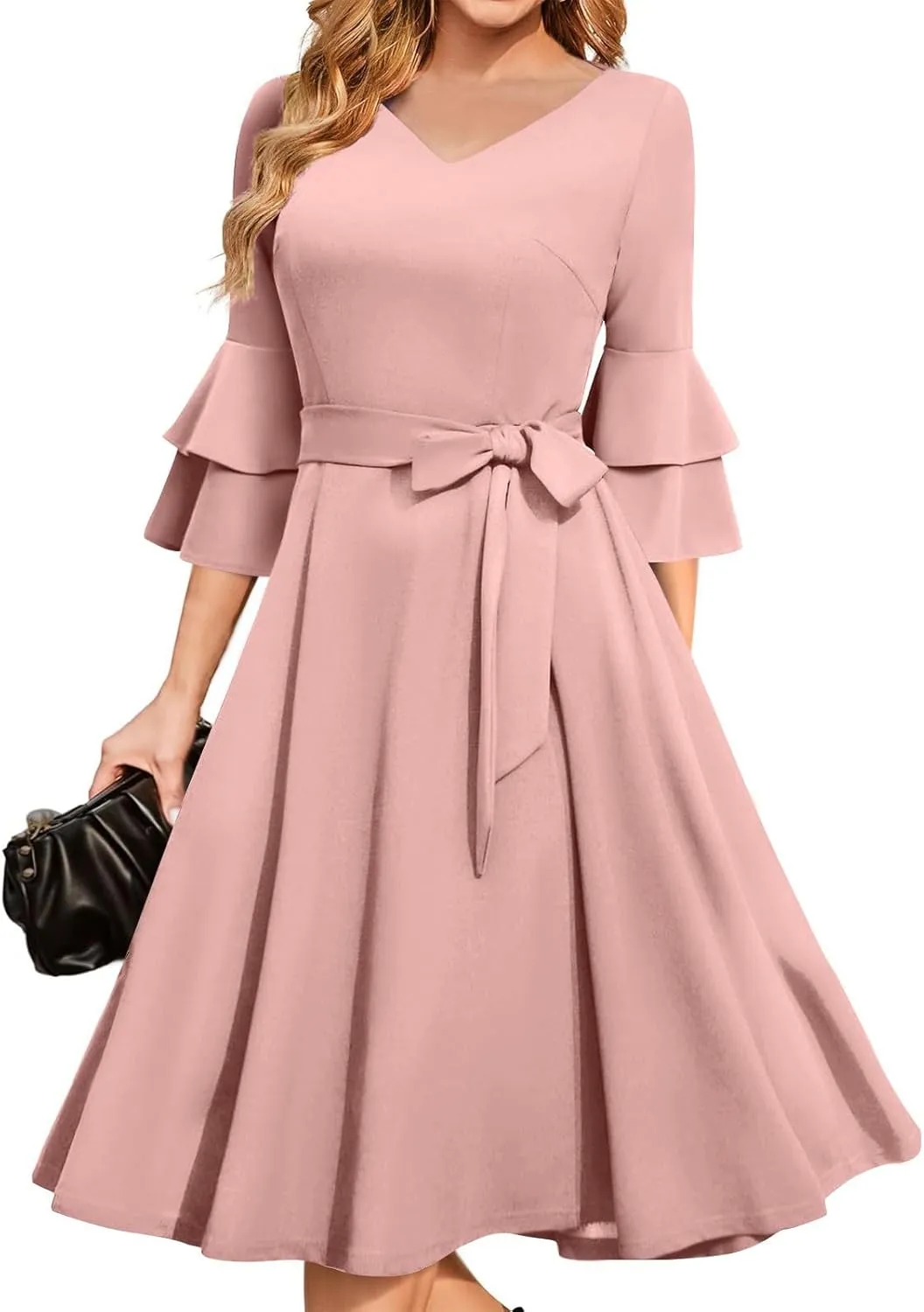 Women's Summer Sexy Elegant Trendy V-Neck Short Sleeve Solid Color Prom Party Cocktail Midi Dresses, S-3XL