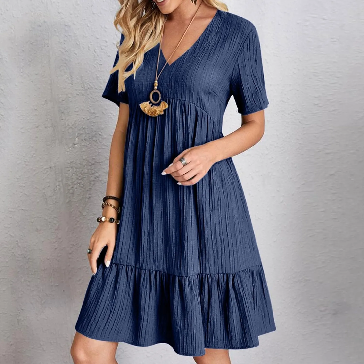 Womens Summer Short Sleeve Dresses V Neck Casual Solid Ruffle Tiered Layered Flowy A-Line Dress 2025 Beach Vacation