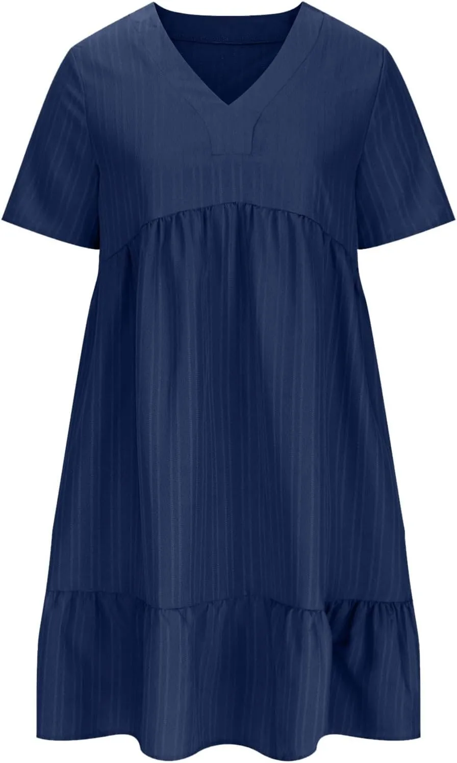 Womens Summer Short Sleeve Dresses V Neck Casual Solid Ruffle Tiered Layered Flowy A-Line Dress 2025 Beach Vacation