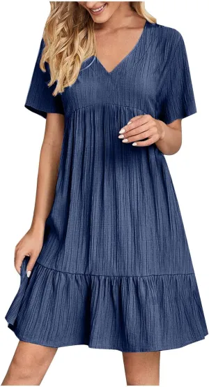 Womens Summer Short Sleeve Dresses V Neck Casual Solid Ruffle Tiered Layered Flowy A-Line Dress 2025 Beach Vacation