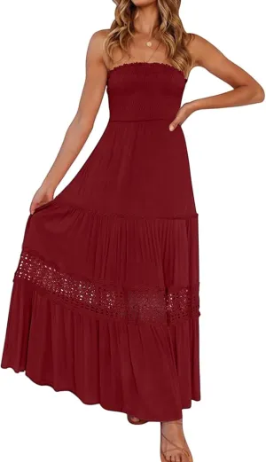 Womens Summer Strapless Dresses Bohemian Lace Trim Off Shoulder Backless Long Dress Flowy A Line Beach Maxi Dress
