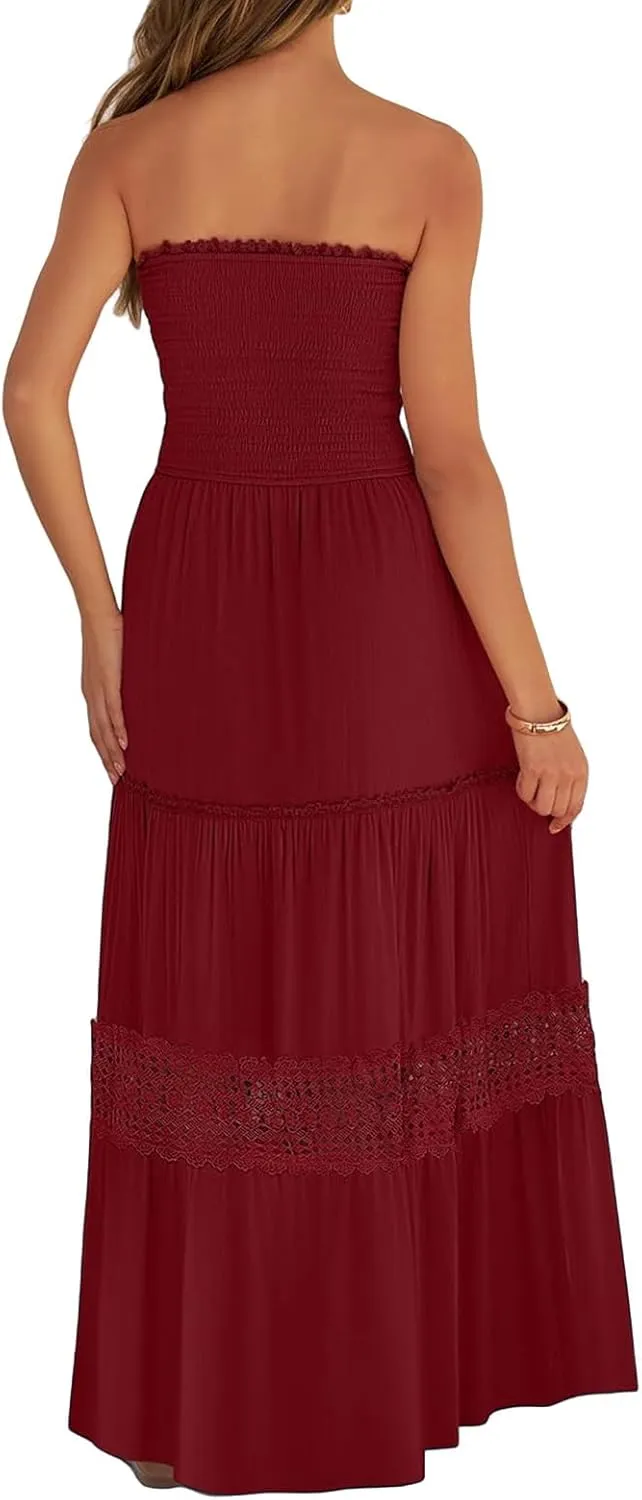 Womens Summer Strapless Dresses Bohemian Lace Trim Off Shoulder Backless Long Dress Flowy A Line Beach Maxi Dress