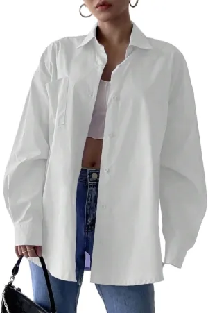 Womens Summer Work Blouse Button Through Pocket Front Drop Shoulder Shirt Long Sleeve Tops Tops