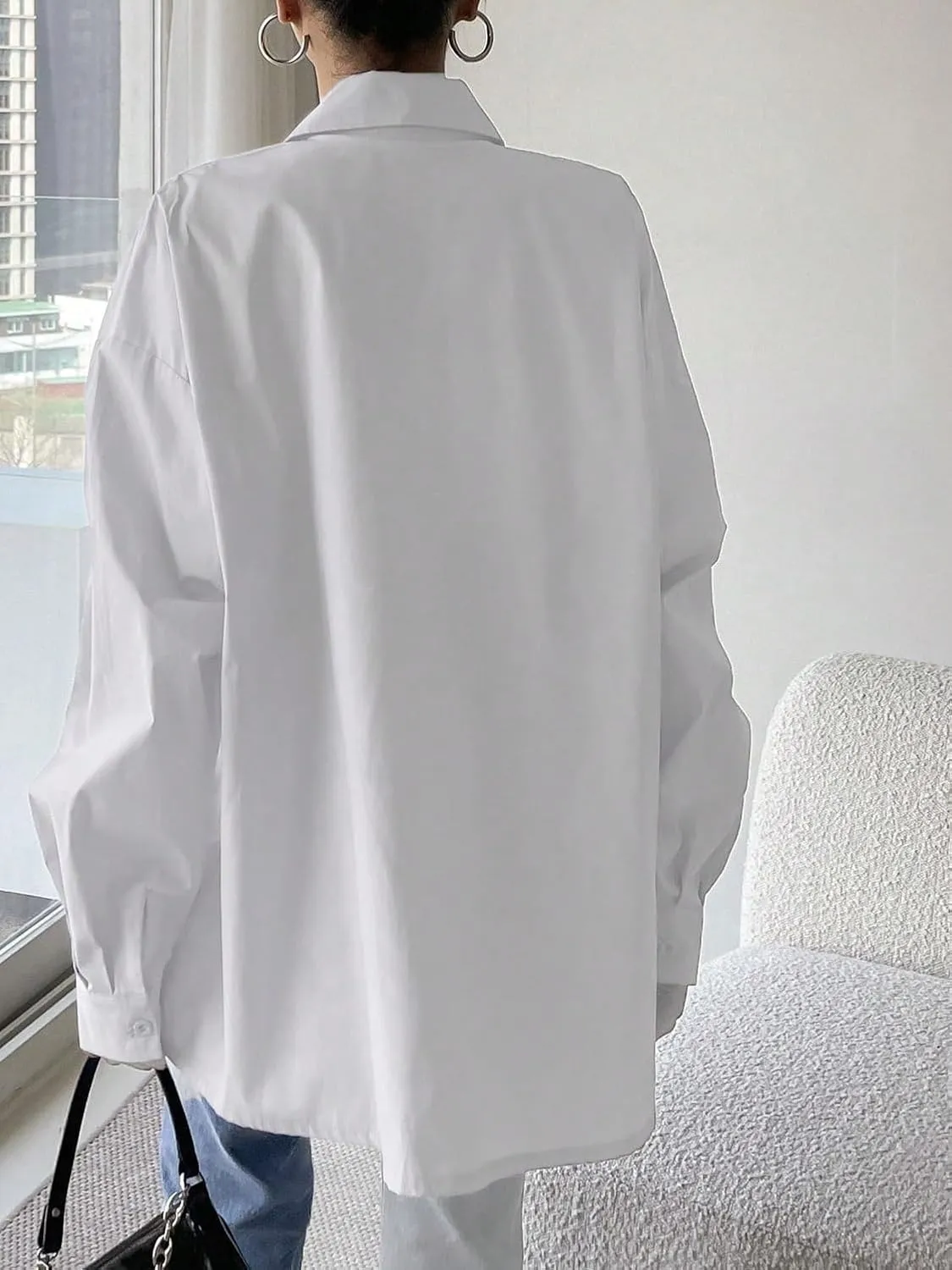 Womens Summer Work Blouse Button Through Pocket Front Drop Shoulder Shirt Long Sleeve Tops Tops