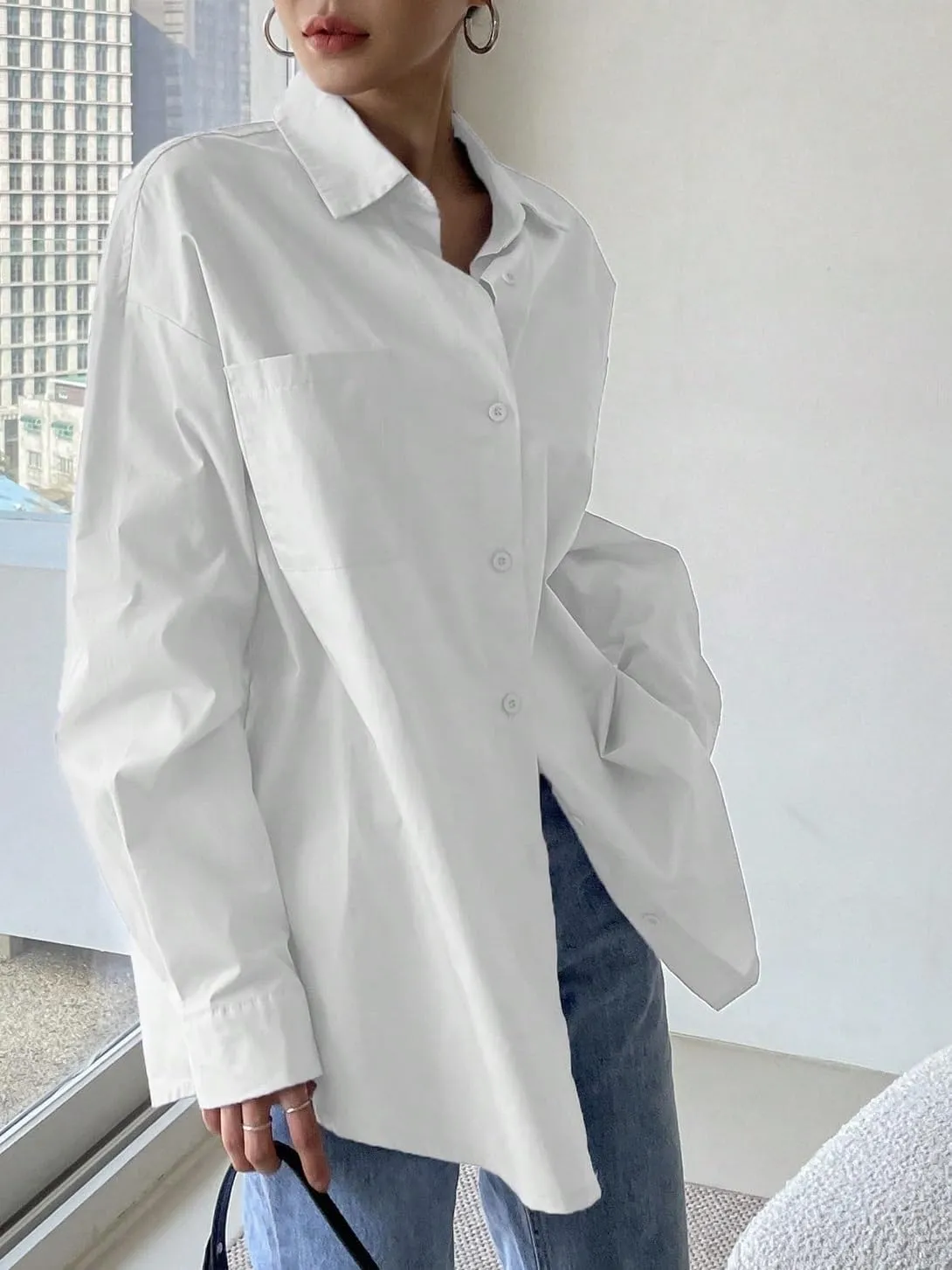 Womens Summer Work Blouse Button Through Pocket Front Drop Shoulder Shirt Long Sleeve Tops Tops