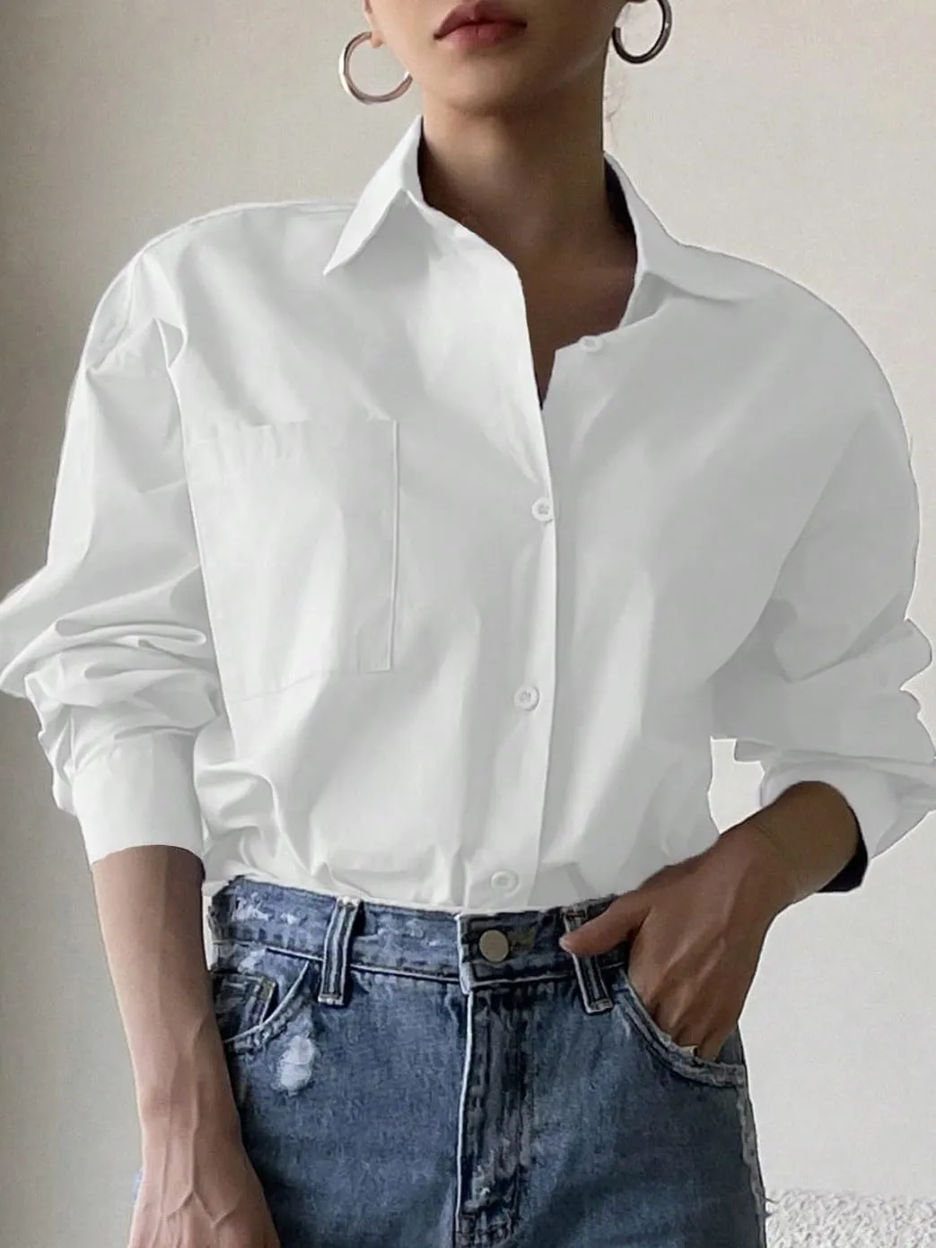 Womens Summer Work Blouse Button Through Pocket Front Drop Shoulder Shirt Long Sleeve Tops Tops
