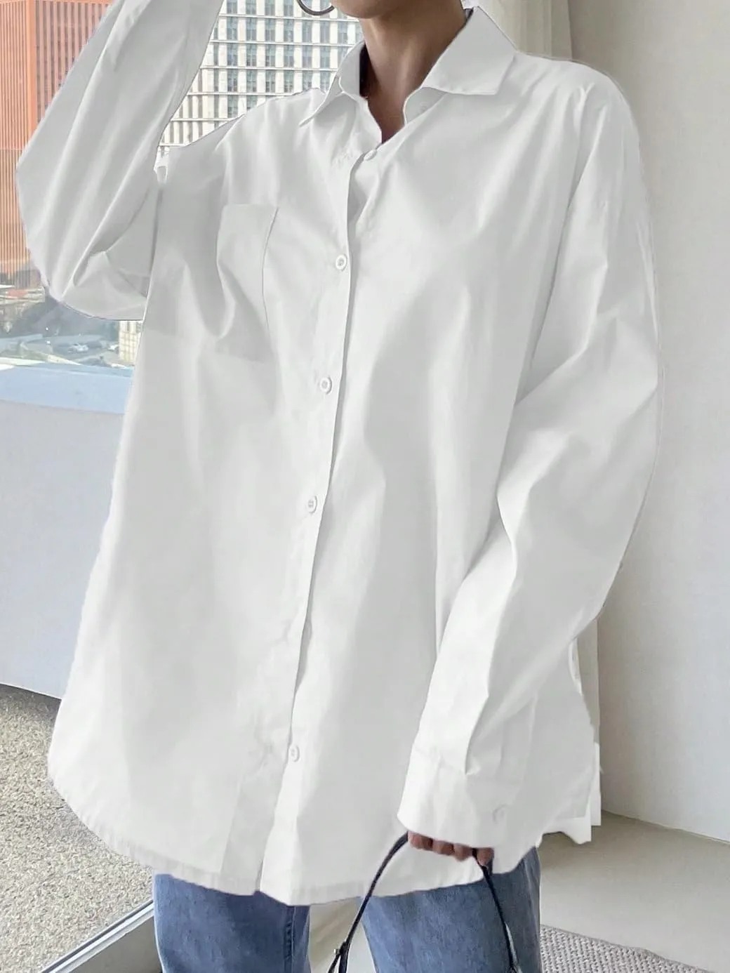 Womens Summer Work Blouse Button Through Pocket Front Drop Shoulder Shirt Long Sleeve Tops Tops