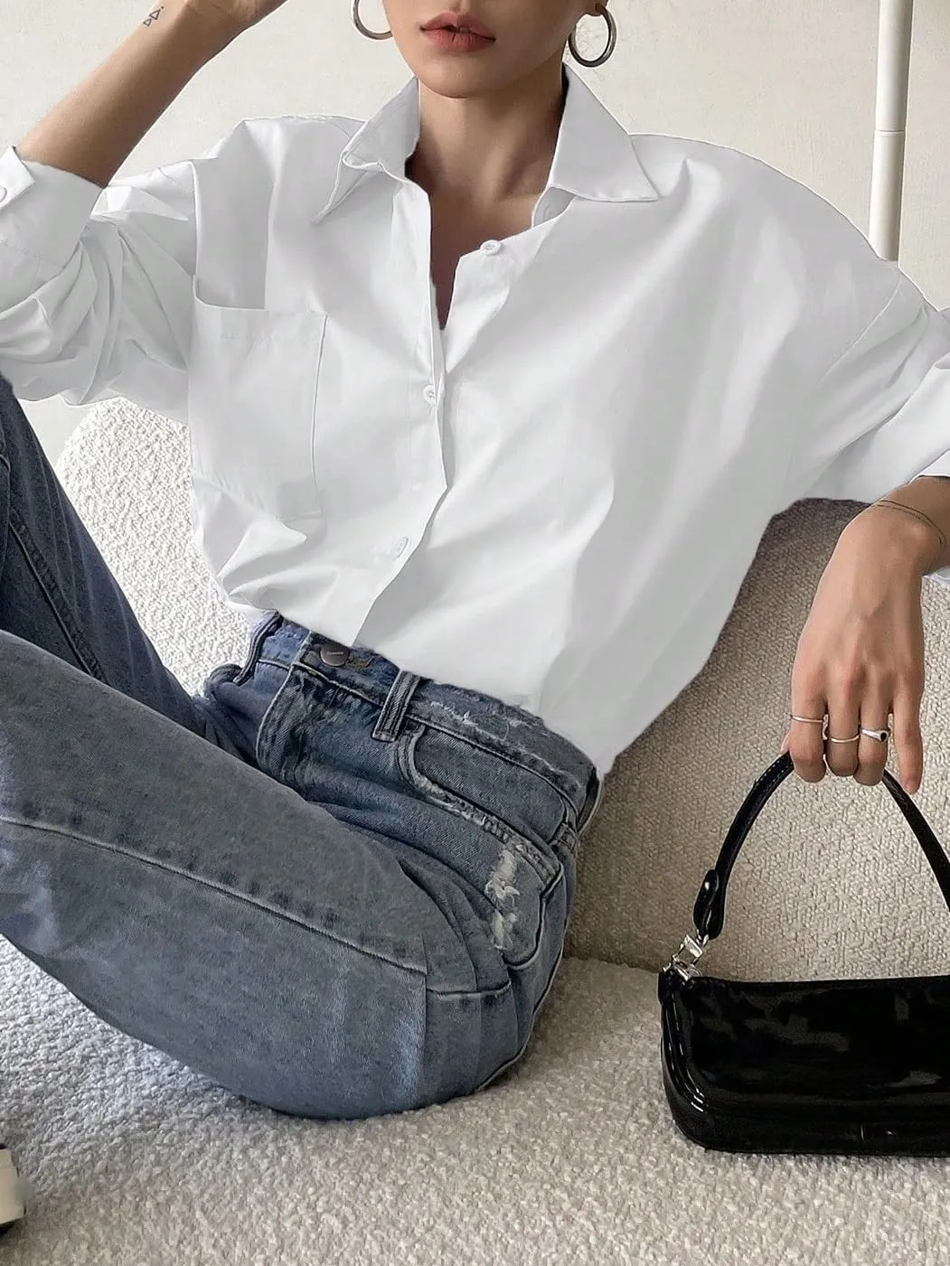 Womens Summer Work Blouse Button Through Pocket Front Drop Shoulder Shirt Long Sleeve Tops Tops