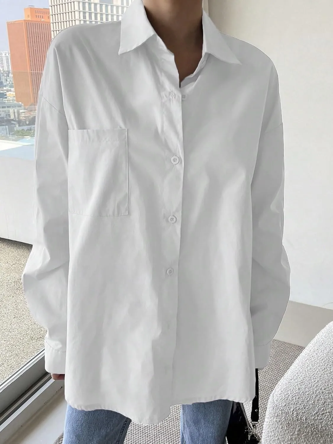 Womens Summer Work Blouse Button Through Pocket Front Drop Shoulder Shirt Long Sleeve Tops Tops