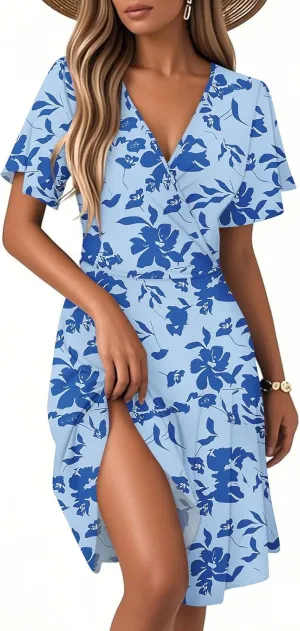 Womens Sundress Summer Floral Short Sleeve Wrap V Neck A-Line Casual Beach Midi Vaction Boho Dress