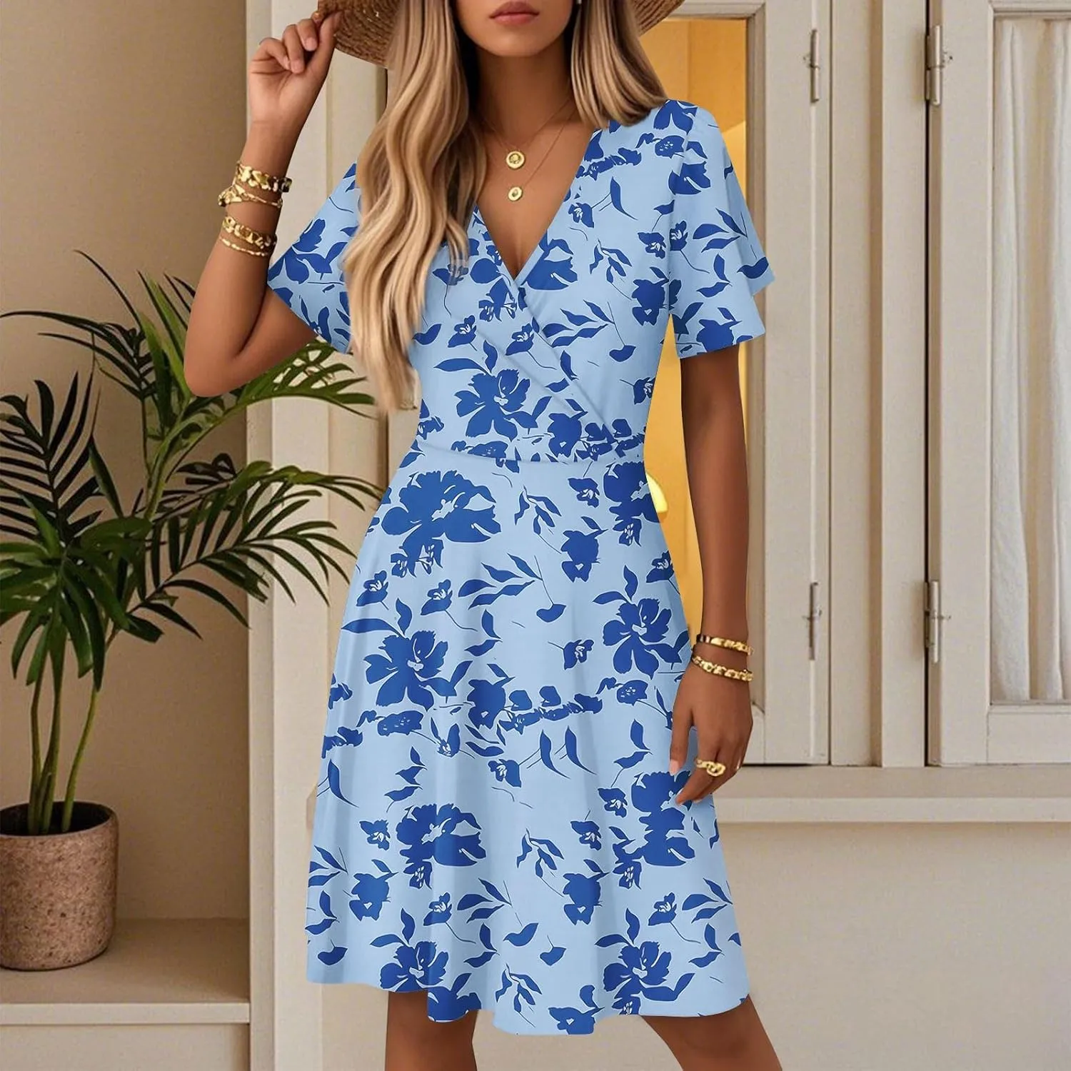 Womens Sundress Summer Floral Short Sleeve Wrap V Neck A-Line Casual Beach Midi Vaction Boho Dress